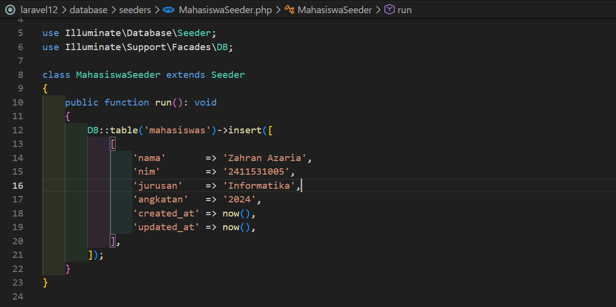 Isi file MahasiswaSeeder.php